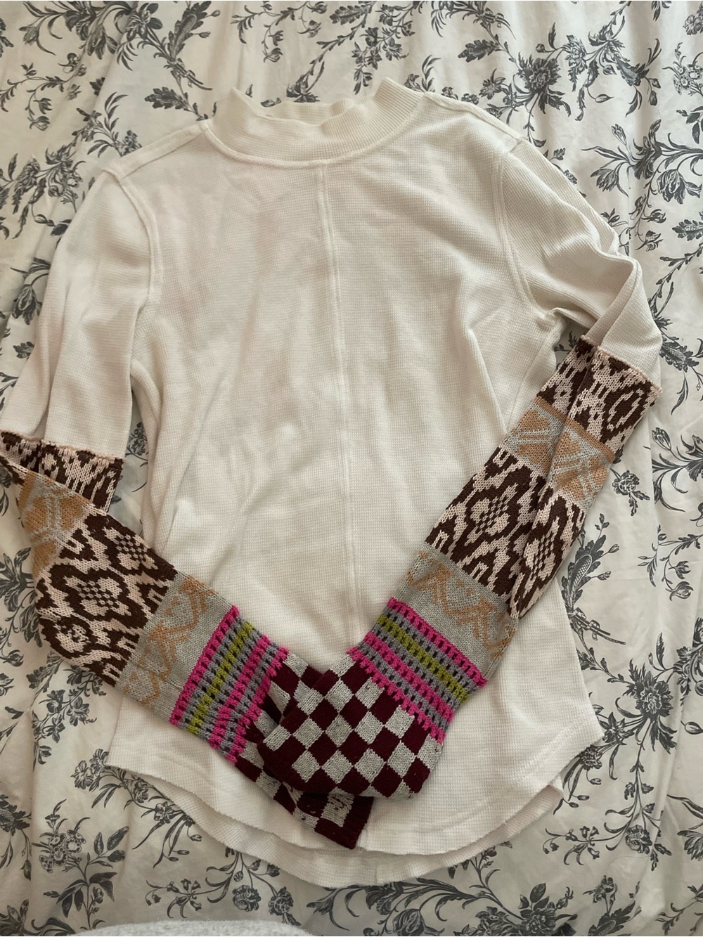 Free people white Long-Sleeve Top with Patterned Multi-Color Sleeves